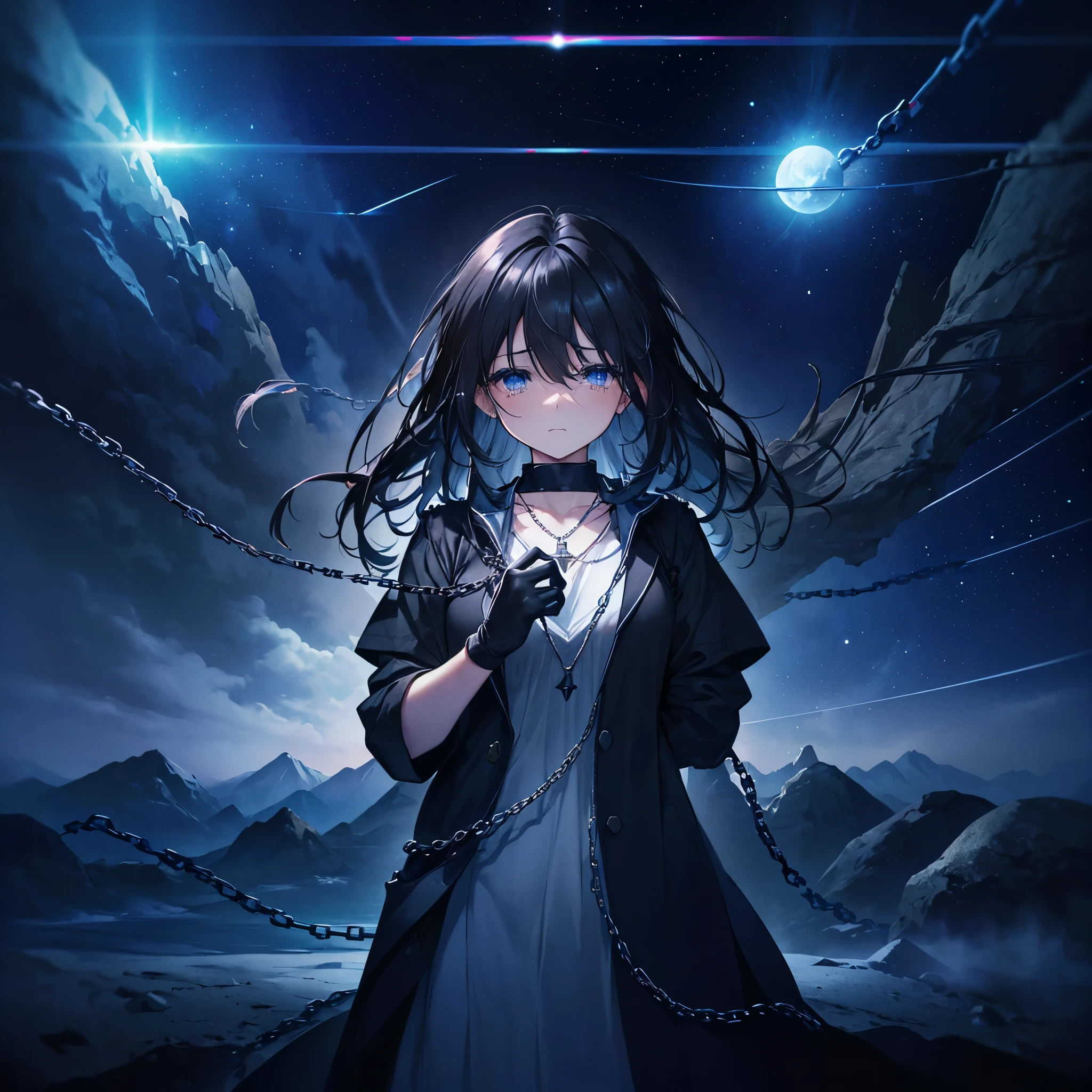 ((High resolution　Black Hair　Long Hair　Dull blue eyes　uniform　Lonely　despair))　((necklace　tears　gloves))　(New York at Night　Distorted Space-Time　star　moon)　Catch the wind　Light