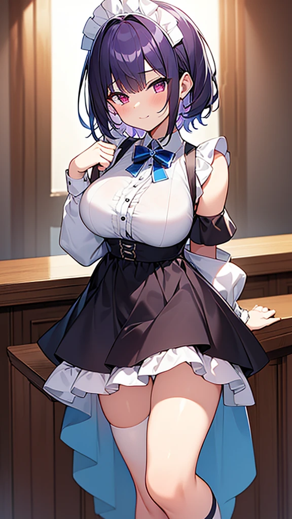 最high quality, high quality, Super detailed, 32k, Ultra-detailed details, {{The succubus maid has the face of my sister}}, (オンリー, Standing, pretty girl, beautiful purple hair, short hair, Beautiful RED eyes, mature, Big Breasts, A light smile, Off-the-shoulder sleeveless Summer cute maid outfit, Summer casual maid clothes, Short skirt, Blue and white color striped underwear, Black knee socks, loafers, She's holding 大きく up her skirt with both hands to show her underwear, 18-year-old,cute), A maid who moves her body vigorously without caring if her breasts bounce, Super detailed, indoor, maid Cafe, Full body image, ((Head to Toe:1.3)), NSFW