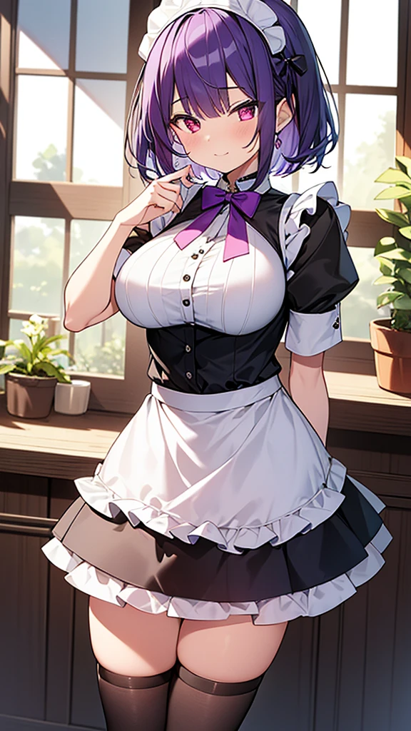 最high quality, high quality, Super detailed, 32k, Ultra-detailed details, {{The succubus maid has the face of my sister}}, (オンリー, Standing, pretty girl, beautiful purple hair, short hair, Beautiful RED eyes, mature, Big Breasts, A light smile, Off-the-shoulder sleeveless Summer cute maid outfit, Summer casual maid clothes, Short skirt, Blue and white color striped underwear, Black knee socks, loafers, She&#39;s holding 大きく up her skirt with both hands to show her underwear, 18-year-old,cute), A maid who moves her body vigorously without caring if her breasts bounce, Super detailed, indoor, maid Cafe, Full body image, ((Head to Toe:1.3)), NSFW