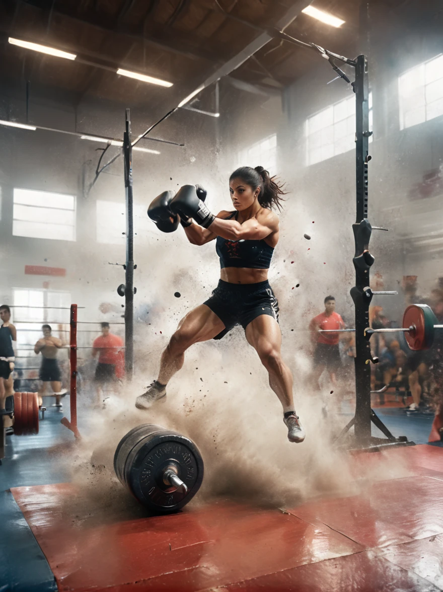 A dynamic scene captured in a sports photography style, In an expansive and modern gymnasium, different athletes are shown in the middle of their exercise routines, A South Asian female athlete in a powerlifting position, hoisting a barbell with so much focus and determination, A Hispanic male athlete to the side, doing a high jump over a hurdle with grace. In the distant corner, a Caucasian male practicing his boxing punches on a heavy bag, All depicted in a vivid action-filled sequence, where the raw human strength, endurance and agility are showcased
