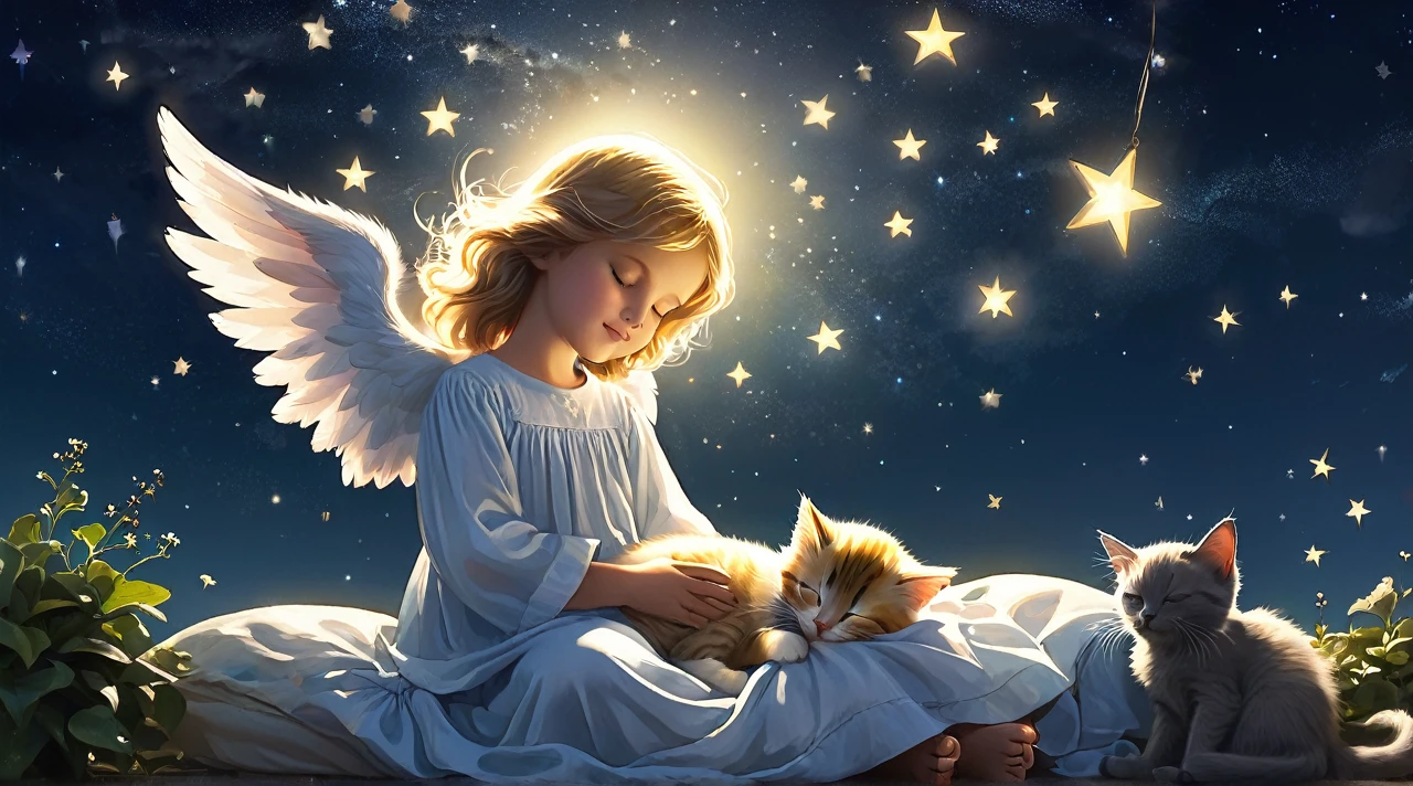 A shining star, an angel and a kitten sleeping soundly under the night sky