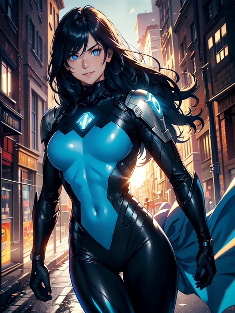 16K, HDR,UHD, RTX, ray tracing, chiaroscuro, best quality, masterpiece, ethereal, perfect illustration, digital artwork, trending on artstation, jaw-dropping perfection, ultra realistic, textured amazing lighting effects, perfect shadows, WLOP, 1girl, beautiful mature edgy woman in a cool long jacket and black pants, superhero suit, stomach covered by clothing, shoulder-length hair, shoulder-length hair, wavy hair, black hair, highly detailed glowing blue eyes, glowing eyes, blue eyes, beautiful glowy blue eyes, detailed eyes, beautiful face, perfect anatomy, broad shoulders, strong upper-body, modern city, city, beautiful weather, stunning sunshine, sunny, daylight, sunlight, modern, nature, daytime, superhero, uplifting, heroic, heroic pose, smiling, smiling at camera, athletic, hands near hips, glowy eyes, daytime, black and blue superhero suit, metal shoulder-pads, summertime, radiant sunlight, beautiful cityscape, hair blowing in wind, manly shoulders, big smile, wide smile, happy eyes, joyful, smiling with teeth, very tall, wide shoulders, tall