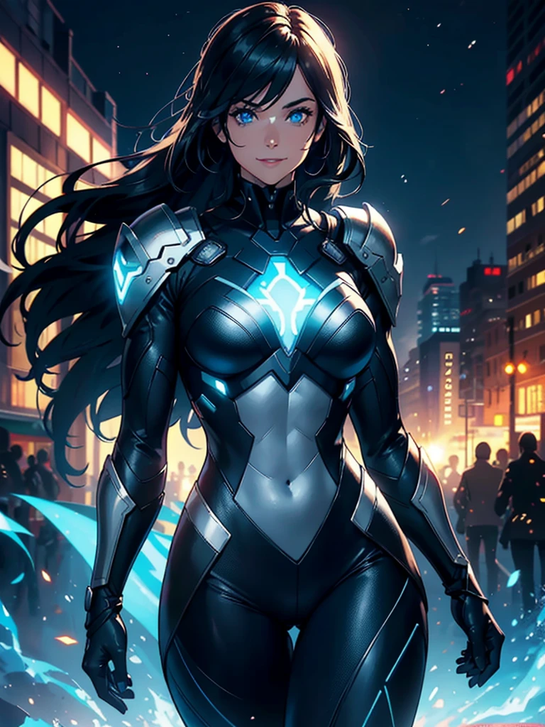 16K, HDR,UHD, RTX, ray tracing, chiaroscuro, best quality, masterpiece, ethereal, perfect illustration, digital artwork, trending on artstation, jaw-dropping perfection, ultra realistic, textured amazing lighting effects, perfect shadows, WLOP, 1girl, beautiful mature edgy woman in a cool long jacket and black pants, superhero suit, stomach covered by clothing, shoulder-length hair, shoulder-length hair, wavy hair, black hair, highly detailed glowing blue eyes, glowing eyes, blue eyes, beautiful glowy blue eyes, detailed eyes, beautiful face, perfect anatomy, broad shoulders, strong upper-body, modern city, city, beautiful weather, stunning sunshine, sunny, daylight, sunlight, modern, nature, daytime, superhero, uplifting, heroic, heroic pose, smiling, smiling at camera, athletic, hands near hips, glowy eyes, daytime, black and blue superhero suit, metal shoulder-pads, summertime, radiant sunlight, beautiful cityscape, hair blowing in wind, manly shoulders, big smile, wide smile, happy eyes, joyful, smiling with teeth, very tall, wide shoulders, tall