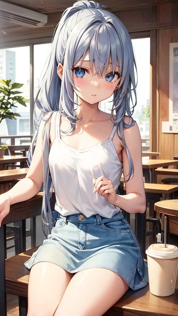 sitting at a cafe、Coffee and pancakes on the table、(watercolor,tegaki:1.4),(soft pastel colors:1.3),( blue eyes:1.1),BREAK,,(pastel white color palette:1.3),(pastel tank top:1.4),(mini skirt:1.3),(music score:1.1)、kawaii、rough toutch、Detailed expression、(Teenage Girls、Beautiful face、Lonely face、Beautiful eyes、Blue Eyes、Gray Hair、Curly Hair、slender、delicate、Small breasts、 legs、Inner thighs、White skin、Beautiful Skin、Perfect fingertips、8 heads、look away、during、Lolicon)、ponytail