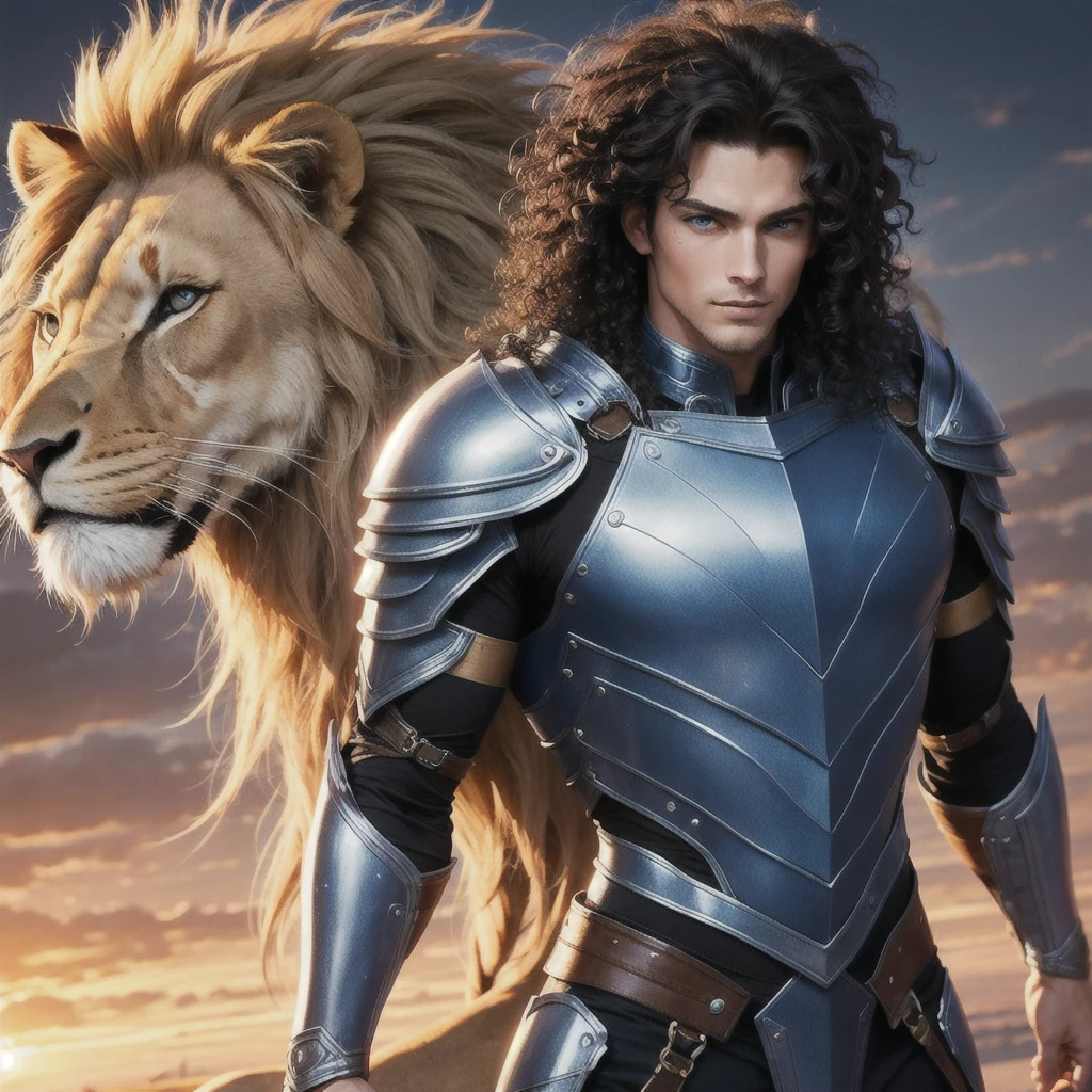 handsome, muscular, tall, has blue eyes and light curly hair, He wears the skin of a lion as his armor, full body, 