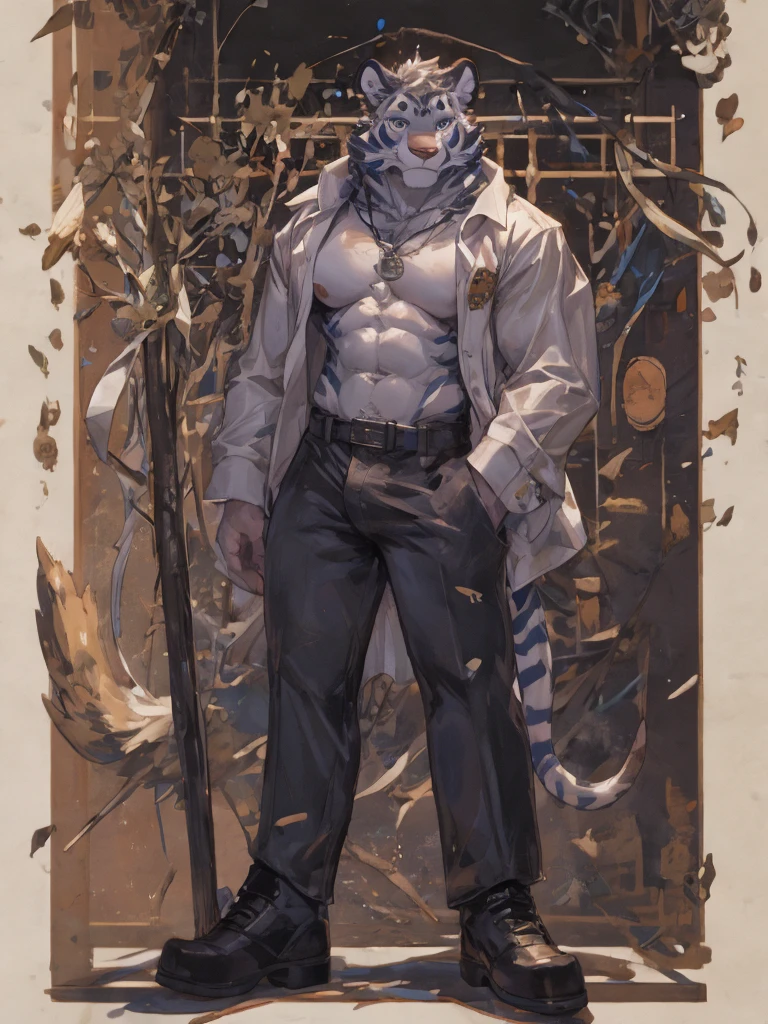 {{bara extremely handsome white tiger,}} {{white fur,}} white, wearing elegant ornate suit jacket, trousers, white dress shirt and necktie, white fluffy furry body and limbs, loafers, very tall, very broad shoulders, narrow waist, muscular arms, massive pecs, purple eyes, very long legs, massive bulge, sophisticated hot look, full body, 3/4 view, best quality, high quality, silver earring on left ear, sultry smirk, multiple views, character sheet