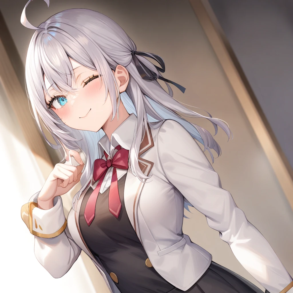 1girl, alisa mikhailovna kujou,tokidoki bosotto roshia-go de dereru tonari no arya-san,solo, long hair, eyebrows visible through hair, hair between eyes, silver hair, hair ribbon, blue eyes, medium breasts, ,long sleeves, jacket,
looking at viewer, upper body, dutch angle,closed mouth, one eye closed, light smile,
best quality, very aesthetic, absurdres,