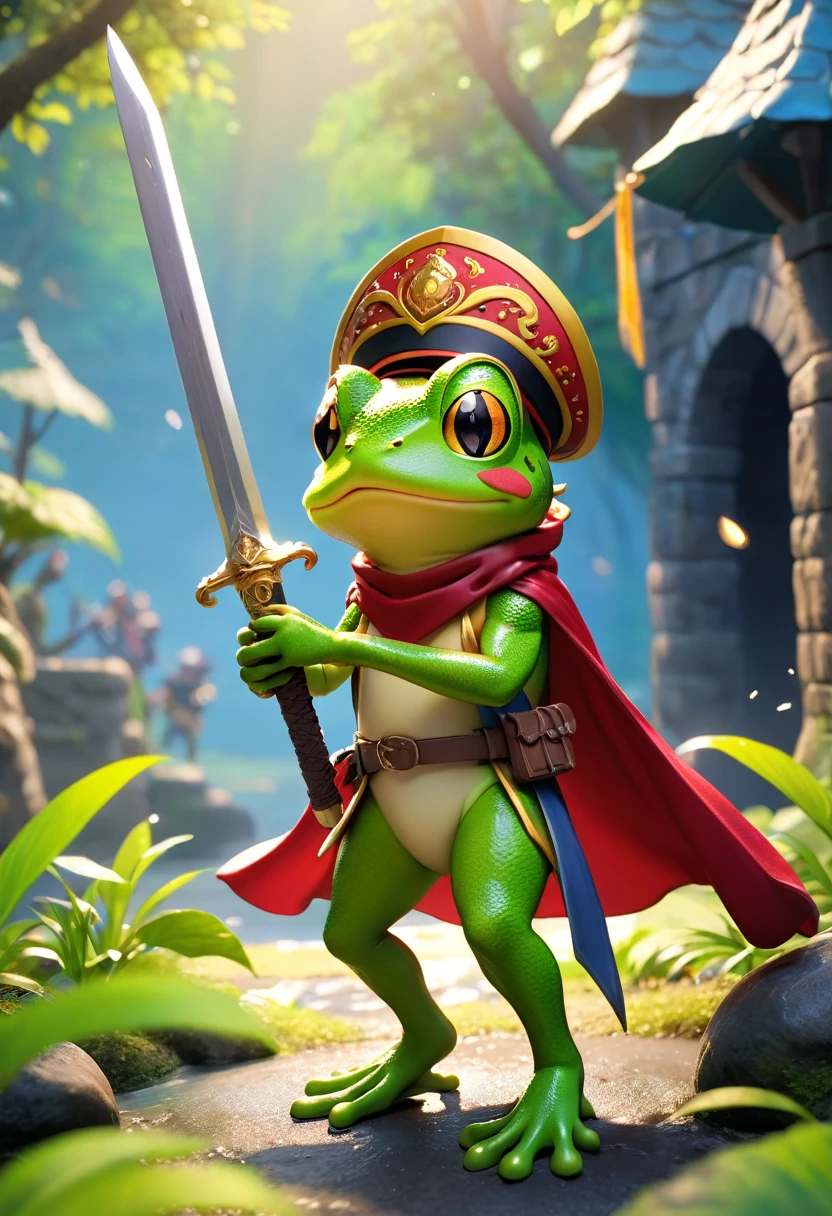 Esbian all over、Cool Frog、Pop Frog、Diorama、Simple Background、bandana、Holding a big sword in his hand、Brave、Cape、Best Quality, Capture the cutest moments, Depth of written boundary, Super detailed, Ultra-high resolution, Octadale, 8k, 16km race