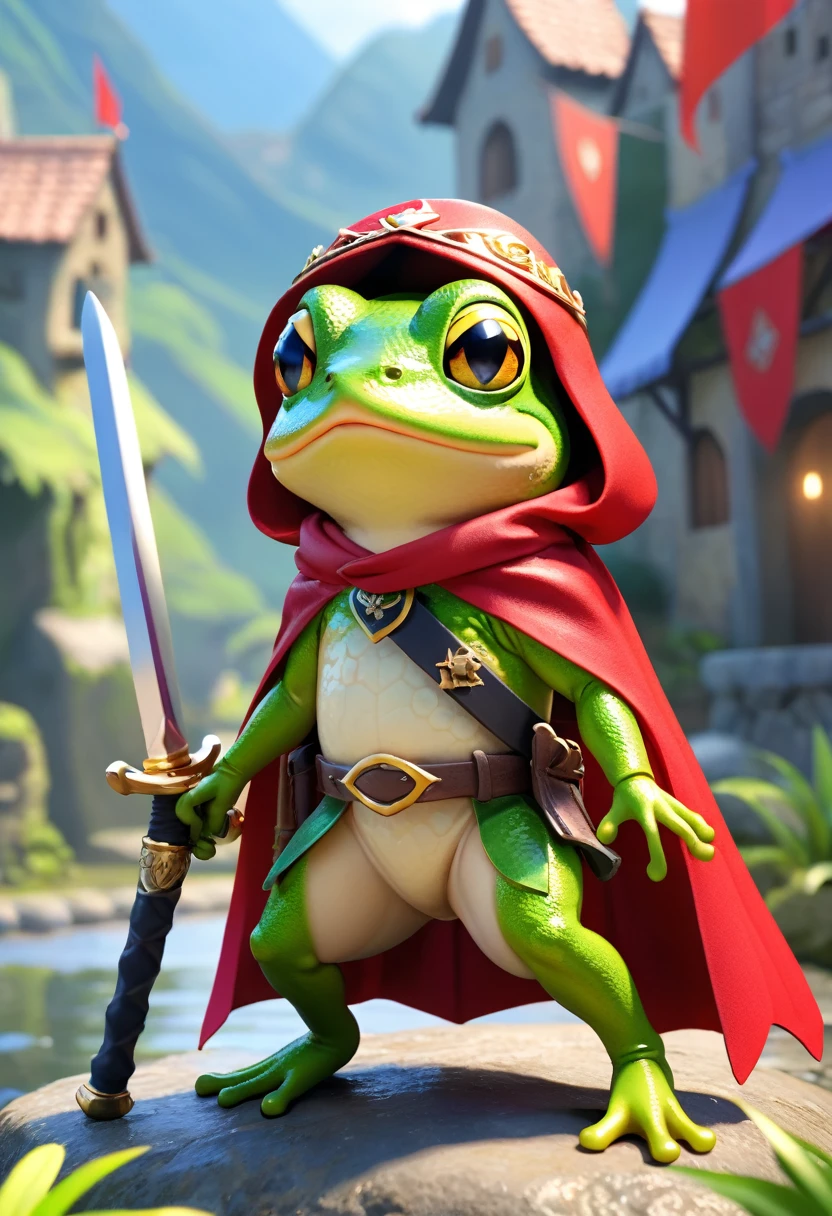Esbian all over、Cool Frog、Pop Frog、Diorama、Simple Background、bandana、Holding a big sword in his hand、Brave、Cape、Best Quality, Capture the cutest moments, Depth of written boundary, Super detailed, Ultra-high resolution, Octadale, 8k, 16km race