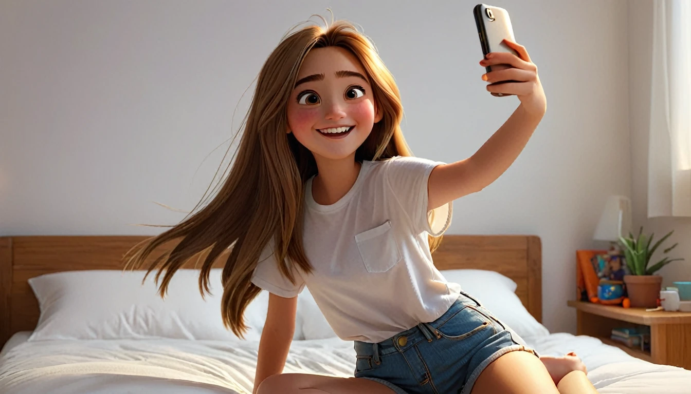 ((masterpiece, best quality)), award winning, 4k, 8k, simple background, photography, visible face, (one girl), 20 years old, Teenage girl with a cheerful and playful demeanor. She has long, straight hair, a simple white plain t-shirt and denim shorts. sitting in bed, taking selfie. Pixar Character.