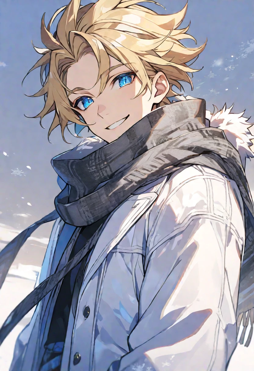 Solo, male, blonde hair, blue eyes, white fur coat, gray scarf, smile facial