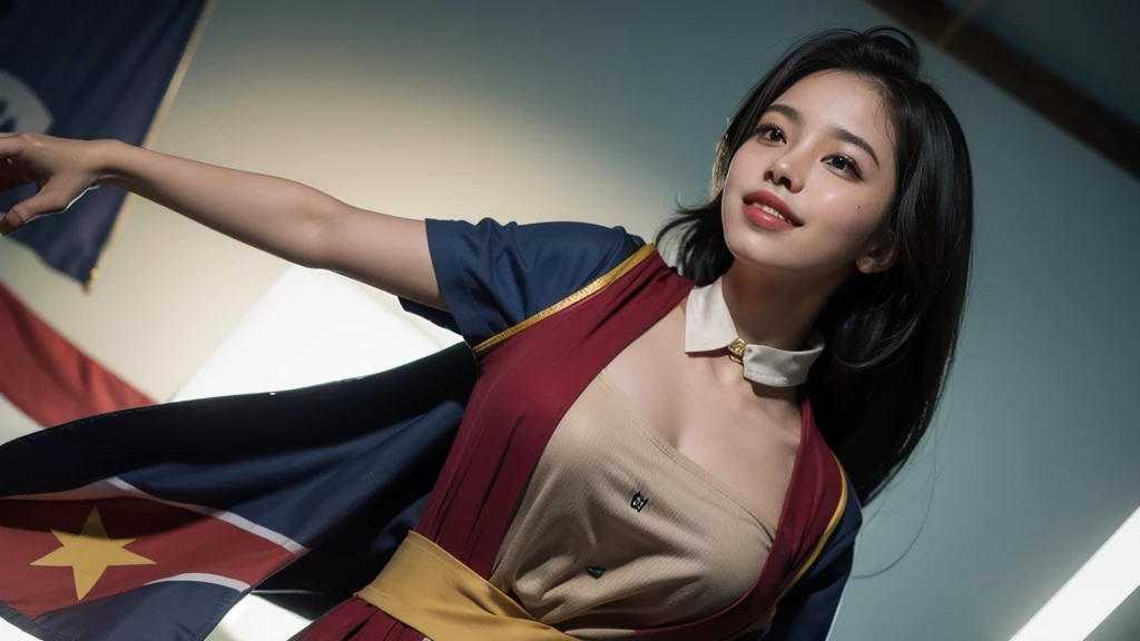 best quality, masterpiece, (photorealistic:1.4), 3 girl, light smile, shirt with collars, waist up, dramatic lighting, from below, posing singer, vietnam flags background 