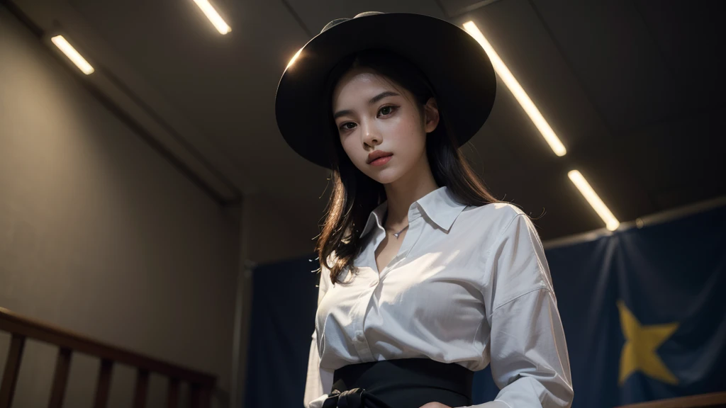 best quality, masterpiece, (photorealistic:1.4), 3 girl, light smile, shirt with collars, waist up, dramatic lighting, from below, posing singer, vietnam flags background