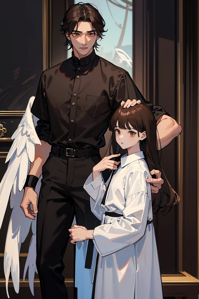 (middle aged man),(thin),(white skin),(angels),(black),(Shoulder length hair, dark brown),(Dusky brown eyes),(black hand),(ชุดจีนผสมยุโปblack),(luxury),(trousers)