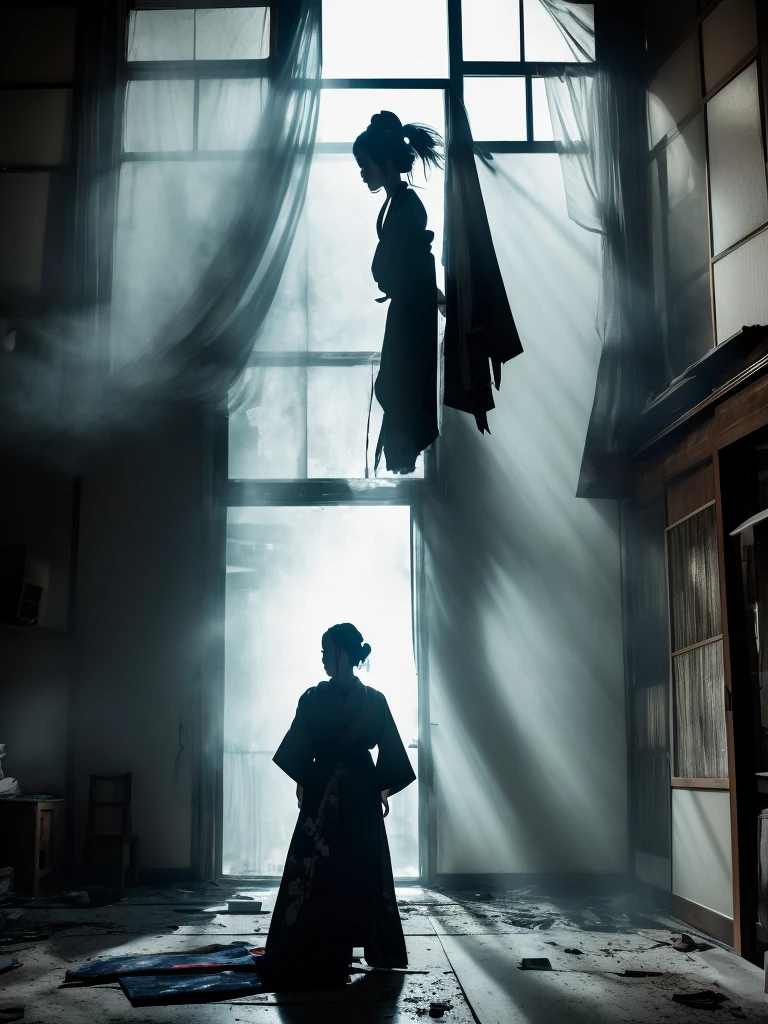 "A realistic photograph of a 30-year-old Japanese woman wearing a traditional kimono, captured from head to toe. She is in a menacing oni (demon) pose, with an expression of malevolent intent. The background is a decrepit, abandoned Japanese house reminiscent of those seen in horror films like 'Ju-On' (The Grudge), with tattered sliding doors, cracked walls, and eerie lighting filtering through broken windows. The scene is set in daylight, but with shadows creating a haunting atmosphere. The overall aesthetic is designed to evoke a chilling, unsettling feeling, as if the woman is a ghostly apparition haunting the space. No text is included in the image."