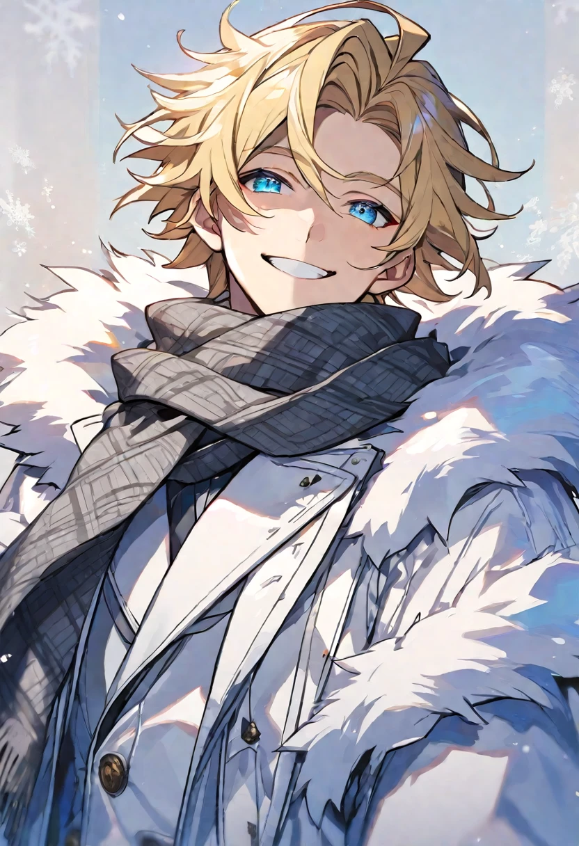 Solo, male, blonde hair, blue eyes, white fur coat, gray scarf, smile facial