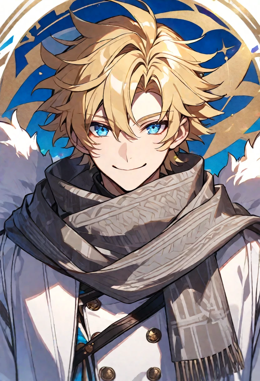 Solo, male, blonde hair, blue eyes, white fur coat, gray scarf, smile facial