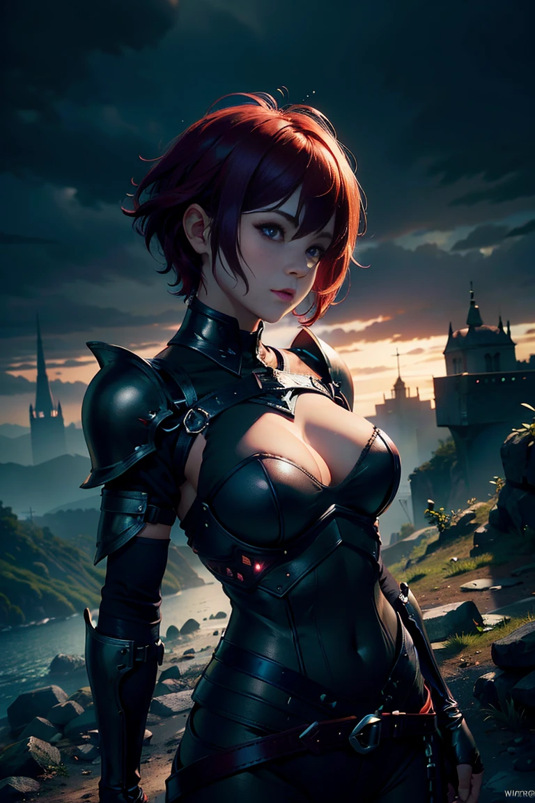 8k, (Ultra-detailed,high resolution,dark,fantasy:1.2), red short hair, Black chest open armor , warrior, medieval town, darkness, epic, Surrealism, Upper body, (Big :1.2), epic, narrate,darkness , horrible, It&#39;s raining, huge breasts，armor，pink hair，ruins， sword(covered ass, blue lace bustier babydoll netted nightie))((bending, bend over, pov from back,