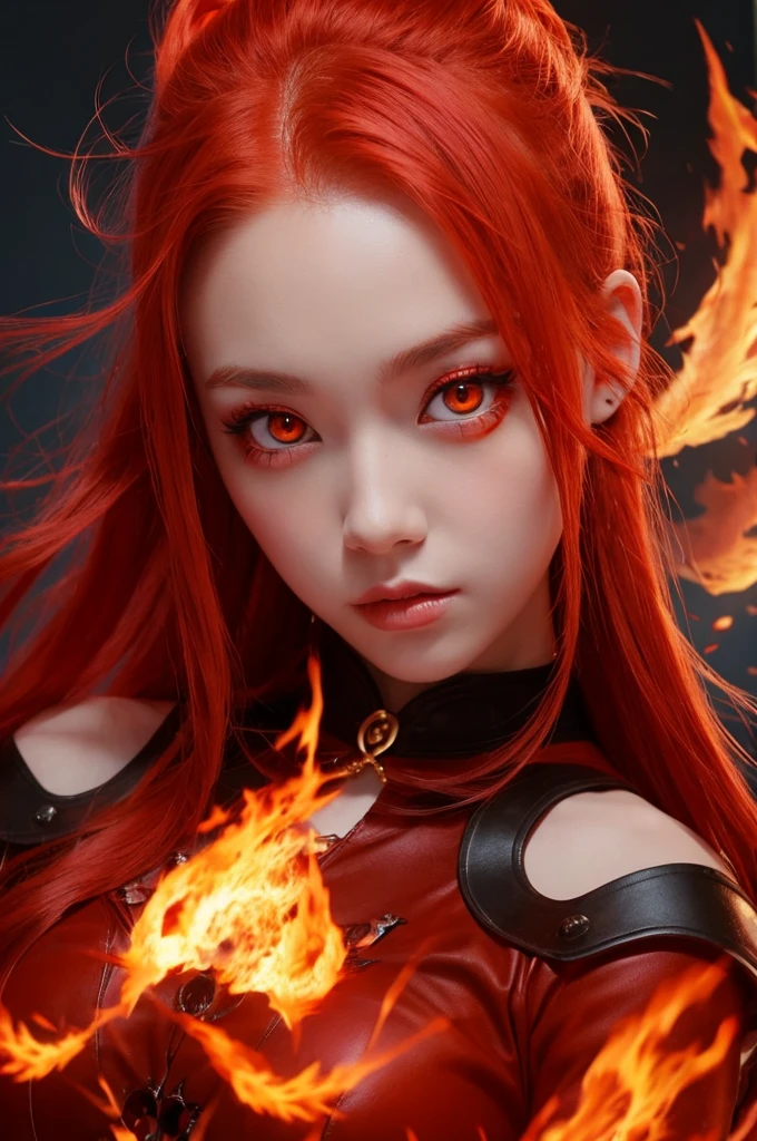 Fire spirit girl with red hair and red eyes