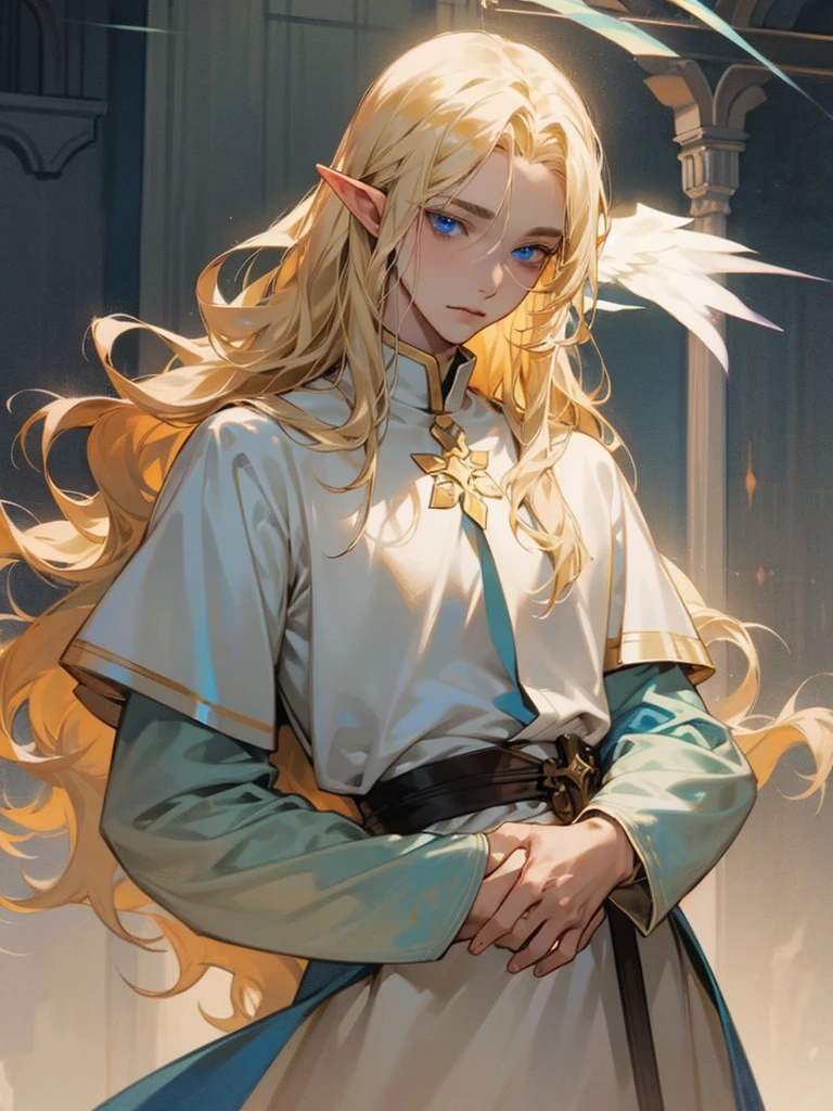 Male elf, long wavy light blond hair, blue eyes, fair skin, priest, bound, helpless.