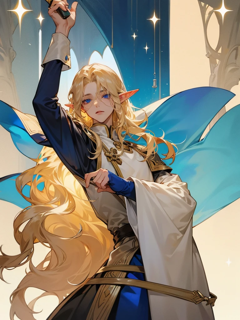 Male elf, long wavy light blond hair, blue eyes, fair skin, priest, bound, helpless.