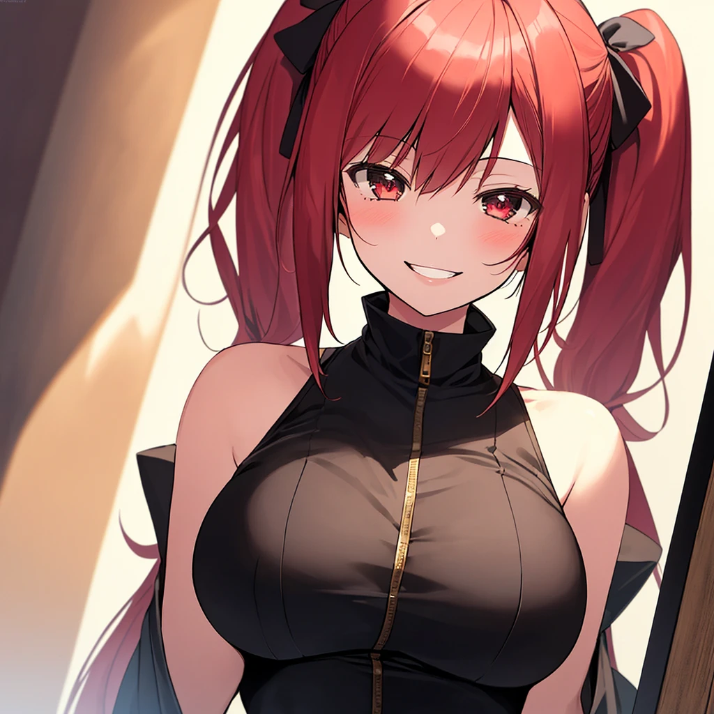 ((masterpiece)) (large breasts) (best quality) beautiful face, (a girl:1.4) cute girl, smile, portrait, red hair, , twintails,