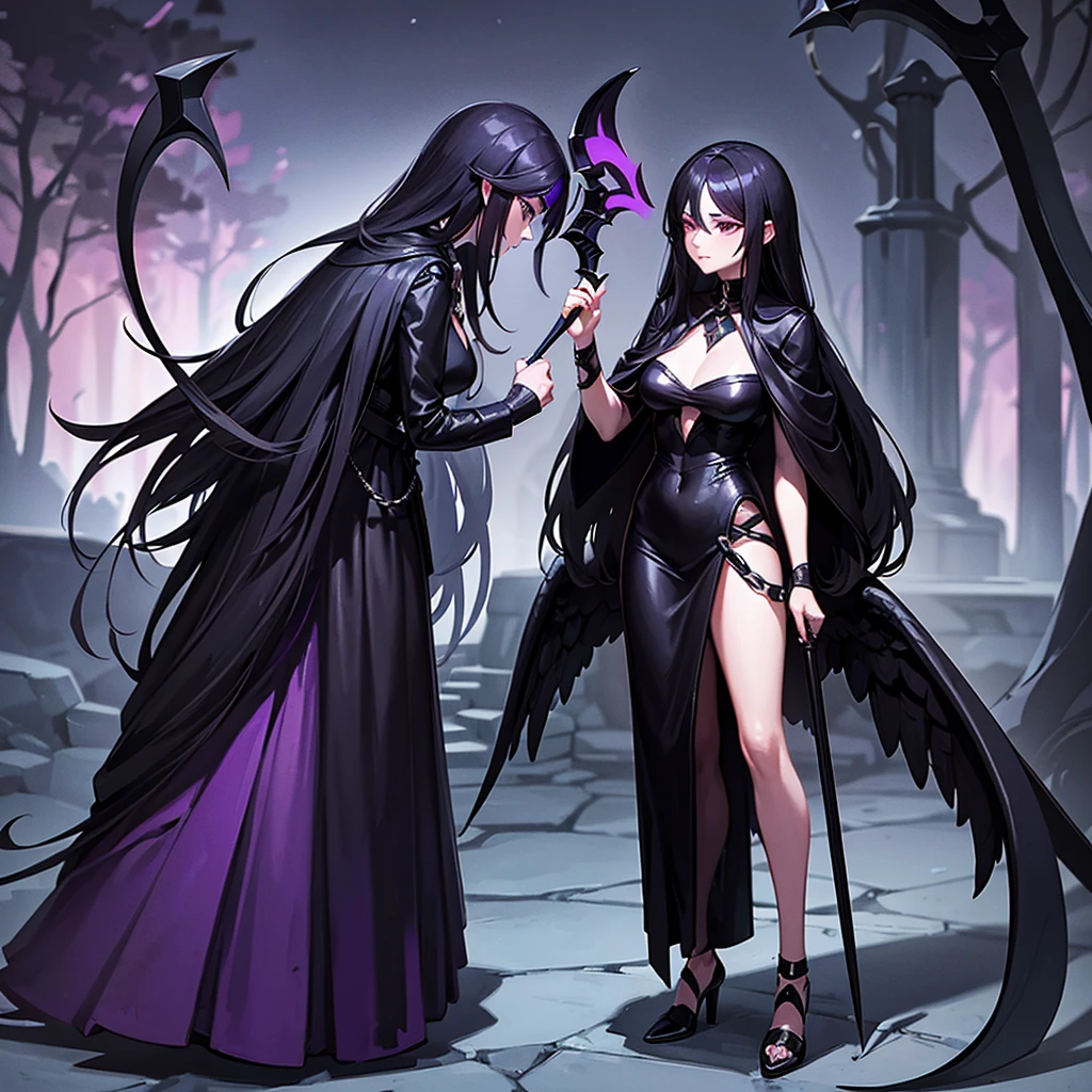 Women (The chest is just right.)Long black hair, black eyes, wearing a black-purple fantasy outfit. Holding a cool angel's scythe and releasing dark magic in one hand. (She made a sleepy face while standing in the park after dark.)