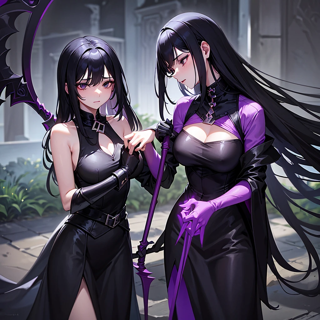 Women (The chest is just right.)Long black hair, black eyes, wearing a black-purple fantasy outfit. Holding a cool angel's scythe and releasing dark magic in one hand. (She made a sleepy face while standing in the park after dark.)