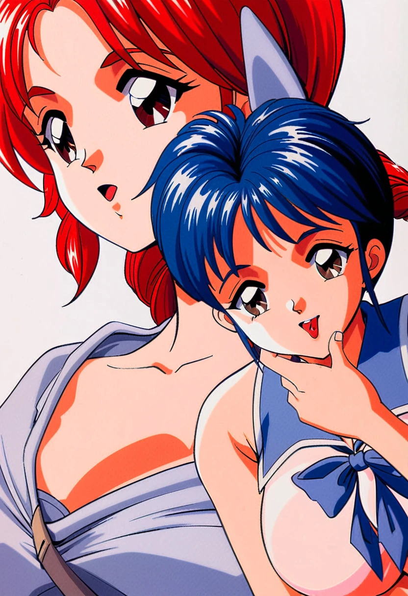 Blindfolded, mouth open, tongue out, blowjob, milky liquid, facial bukkake, Yukari Koshikigi,One girl,alone,retro artstyle,White Background,ponytail,twin braids,Bunny girl simple background,Redhead,1990s (style),Long Hair,Brown eyes,Head tilt Big breasts Thighs Sailor uniform Naked lower body No skirt