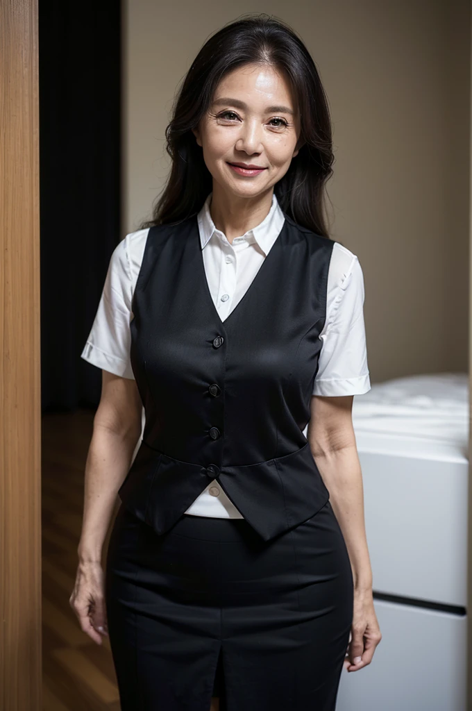 (masterpiece:1.4),(62-year-old woman:1.5),(Facial wrinkles : 1.2), (looking back at viewer : 1.1), smile, long hair, maternal, Mature Woman, office worker, (smooth fabric), (polyester black vest with button), black pencil skirt, white short sleeve shirt, (wide hips : 1.2), (focus on hips : 1.2), working, detailed backgrounds, view from behind