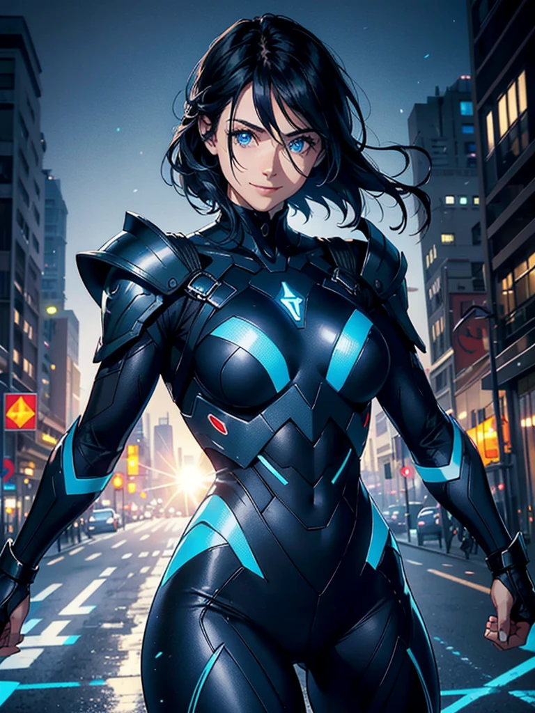 16K, HDR,UHD, RTX, ray tracing, chiaroscuro, best quality, masterpiece, ethereal, perfect illustration, digital artwork, trending on artstation, jaw-dropping perfection, ultra realistic, textured amazing lighting effects, perfect shadows, WLOP, 1girl, beautiful mature edgy woman in a cool long jacket and black pants, superhero suit, stomach covered by clothing, shoulder-length hair, shoulder-length hair, wavy hair, black hair, highly detailed glowing blue eyes, glowing eyes, blue eyes, beautiful glowy blue eyes, detailed eyes, beautiful face, perfect anatomy, broad shoulders, strong upper-body, modern city, city, beautiful weather, stunning sunshine, sunny, daylight, sunlight, modern, nature, daytime, superhero, uplifting, heroic, heroic pose, smiling, smiling at camera, athletic, hands near hips, glowy eyes, daytime, black and blue superhero suit, metal shoulder-pads, summertime, radiant sunlight, beautiful cityscape, hair blowing in wind, manly shoulders, big smile, wide smile, happy eyes, joyful, smiling with teeth, very tall, wide shoulders, tall