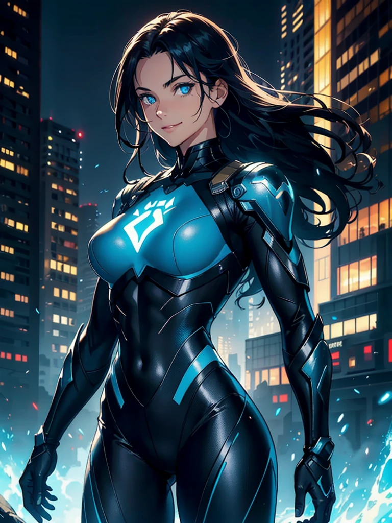 16K, HDR,UHD, RTX, ray tracing, chiaroscuro, best quality, masterpiece, ethereal, perfect illustration, digital artwork, trending on artstation, jaw-dropping perfection, ultra realistic, textured amazing lighting effects, perfect shadows, WLOP, 1girl, beautiful mature edgy woman in a cool long jacket and black pants, superhero suit, stomach covered by clothing, shoulder-length hair, shoulder-length hair, wavy hair, black hair, highly detailed glowing blue eyes, glowing eyes, blue eyes, beautiful glowy blue eyes, detailed eyes, beautiful face, perfect anatomy, broad shoulders, strong upper-body, modern city, city, beautiful weather, stunning sunshine, sunny, daylight, sunlight, modern, nature, daytime, superhero, uplifting, heroic, heroic pose, smiling, smiling at camera, athletic, hands near hips, glowy eyes, daytime, black and blue superhero suit, metal shoulder-pads, summertime, radiant sunlight, beautiful cityscape, hair blowing in wind, manly shoulders, big smile, wide smile, happy eyes, joyful, smiling with teeth, very tall, wide shoulders, tall