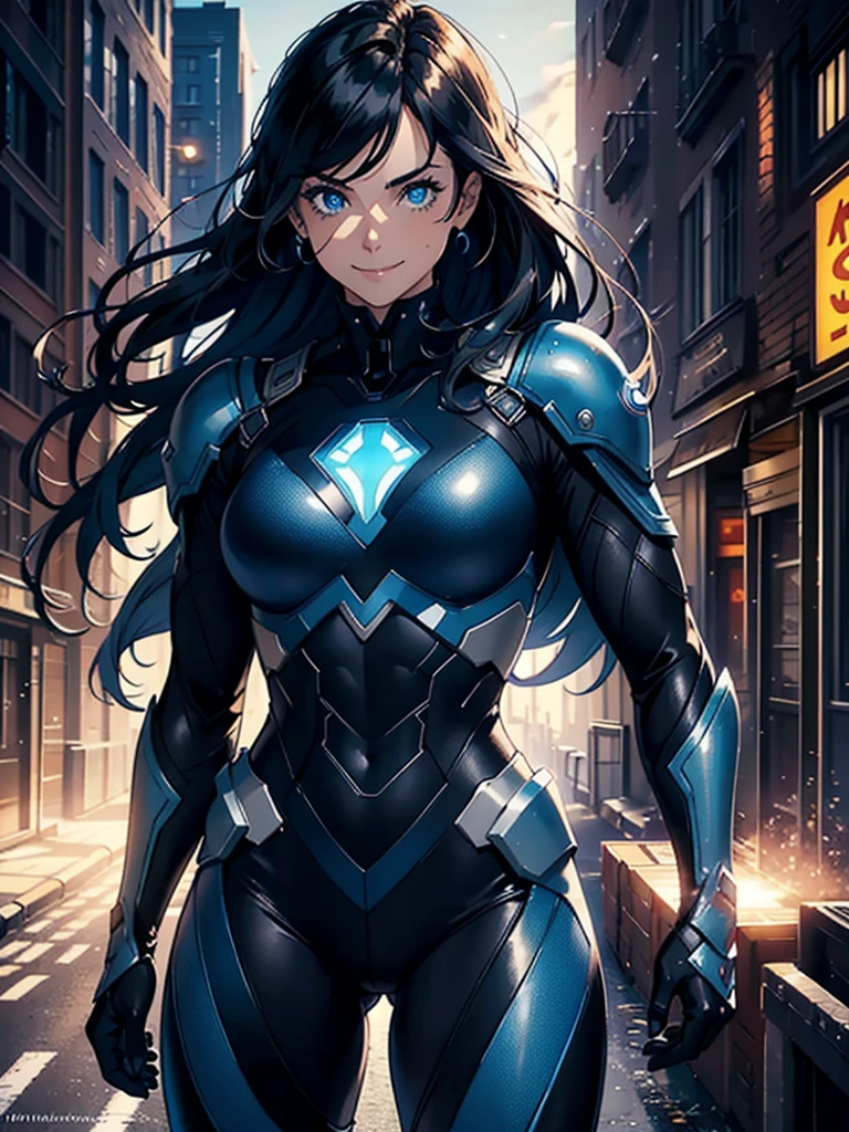 16K, HDR,UHD, RTX, ray tracing, chiaroscuro, best quality, masterpiece, ethereal, perfect illustration, digital artwork, trending on artstation, jaw-dropping perfection, ultra realistic, textured amazing lighting effects, perfect shadows, WLOP, 1girl, beautiful edgy woman in a cool long jacket and black pants, superhero suit, stomach covered by clothing, shoulder-length hair, shoulder-length hair, wavy hair, black hair, highly detailed glowing blue eyes, glowing eyes, blue eyes, beautiful glowy blue eyes, detailed eyes, beautiful face, perfect anatomy, broad shoulders, strong upper-body, modern city, city, beautiful weather, stunning sunshine, sunny, daylight, sunlight, modern, nature, daytime, superhero, uplifting, heroic, heroic pose, smiling, smiling at camera, athletic, hands near hips, glowy eyes, daytime, black and blue superhero suit, metal shoulder-pads, summertime, radiant sunlight, beautiful cityscape, hair blowing in wind, manly shoulders, big smile, wide smile, happy eyes, joyful, smiling with teeth, very tall, wide shoulders, tall