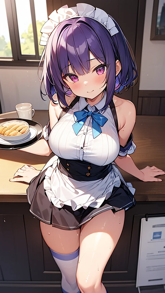 最high quality, high quality, Super detailed, 32k, Ultra-detailed details, waitress(only, Standing, pretty girl, beautiful purple hair, short hair, Beautiful RED eyes, mature, Big Breasts, A light smile, Off-the-shoulder sleeveless Summer メイド服, Summer casual maid clothes, Short skirt, Blue and white color striped underwear, Black knee socks, loafers, My crotch is wet with love juice, 18-year-old,cute), {{A succubus disguised as a waitress approached the target man's sister, peeled off the skin of the sister's face, and stuck it on her own face, becoming the waitress succubus's face., The hem of her skirt is lifted high, exposing her underwear}}, She has transformed from a shy maid into a lewd one., A maid with her sister's face stuck on her face is vigorously pistoning her body, A maid who moves her body vigorously without caring if her breasts bounce, Super detailed, indoor, Full body image, ((Head to Toe:1.3)), NSFW