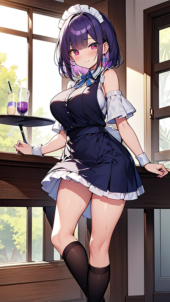 最high quality, high quality, Super detailed, 32k, Ultra-detailed details, waitress(only, Standing, pretty girl, beautiful purple hair, short hair, Beautiful RED eyes, mature, Big Breasts, A light smile, Off-the-shoulder sleeveless Summer メイド服, Summer casual maid clothes, Short skirt, Blue and white color striped underwear, Black knee socks, loafers, My crotch is wet with love juice, 18-year-old,cute), {{A succubus disguised as a waitress approached the target man&#39;s sister, peeled off the skin of the sister&#39;s face, and stuck it on her own face, becoming the waitress succubus&#39;s face., The hem of her skirt is lifted high, exposing her underwear}}, She has transformed from a shy maid into a lewd one., A maid with her sister&#39;s face stuck on her face is vigorously pistoning her body, A maid who moves her body vigorously without caring if her breasts bounce, Super detailed, indoor, Full body image, ((Head to Toe:1.3)), NSFW