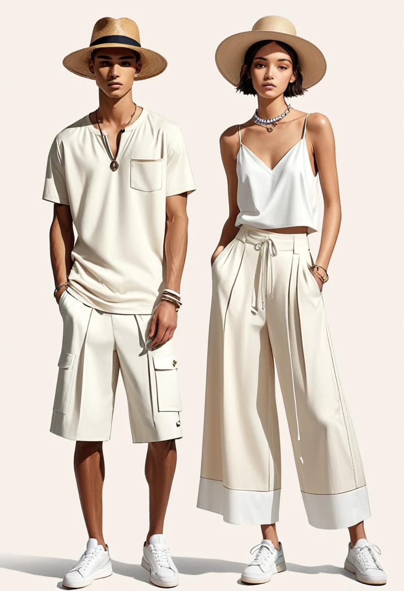 candid fashion illustration of young Mixed race man and woman, both aged 22 year old, skinny and lean, pale skin tone, ((showcase fashion look book in a off-White outfits)), inspired by Christian Dior's resort collection in elegant young bohemian style. The man wears Short-sleeved shirt in cotton twill with a collar, zip at the top, yoke at the back and an open chest pocket. Straight-cut hem with a slit at each side. Loose fit for a generous but not oversized silhouette, paired with relaxed-fit white Sports Wide Leg Shorts Baggy short and Drawstring, Regular fit for comfortable wear and a classic silhouette. He completes his look with white sneakers, round sunglasses and bracelet. The woman complements him in a Long plissé dress in jersey with a deep V-neckline and narrow shoulder straps that cross at the back. Deep opening at the back, a concealed zip at one side and gathered tiers on the skirt for added volume, Her ensemble includes an accessorizes with a straw hat, white sneakers, Captured in a dynamic angle, ((full-body image)), ((pastel color background)), sketching, realistic pencil lines, imperfect drawing, fading sketch, fashion look book, fashion illustrator, sketch design,