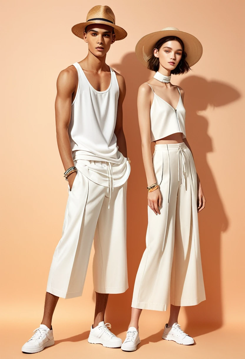 candid fashion illustration of young Mixed race man and woman, both aged 22 year old, skinny and lean, pale skin tone, ((showcase fashion look book in a off-White outfits)), inspired by Christian Dior's resort collection in elegant young bohemian style. The man wears Short-sleeved shirt in cotton twill with a collar, zip at the top, yoke at the back and an open chest pocket. Straight-cut hem with a slit at each side. Loose fit for a generous but not oversized silhouette, paired with relaxed-fit white Sports Wide Leg Shorts Baggy short and Drawstring, Regular fit for comfortable wear and a classic silhouette. He completes his look with white sneakers, round sunglasses and bracelet. The woman complements him in a Long plissé dress in jersey with a deep V-neckline and narrow shoulder straps that cross at the back. Deep opening at the back, a concealed zip at one side and gathered tiers on the skirt for added volume, Her ensemble includes an accessorizes with a straw hat, white sneakers, Captured in a dynamic angle, ((full-body image)), ((pastel color background)), sketching, realistic pencil lines, imperfect drawing, fading sketch, fashion look book, fashion illustrator, sketch design,