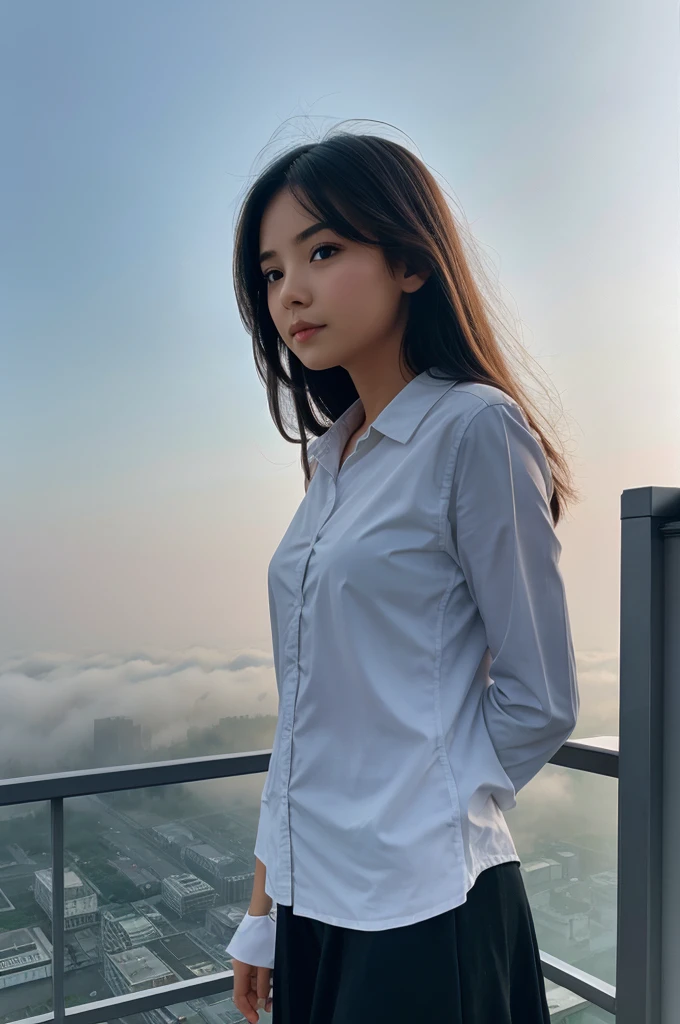 One girl stand on fogy sky