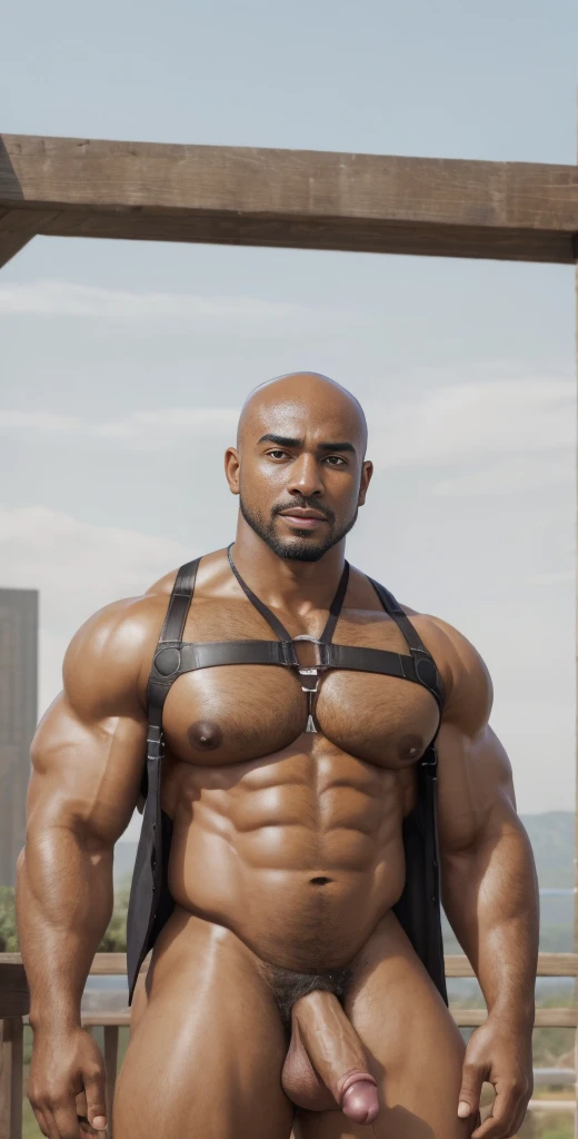 1boy, African American, solo, facial hair,34 yrs old, dom, male focus, flaccid penis, bald head, pectorals, bara, muscular, mature male, muscular male, abs, beard, ring nipples, chest harness, short hair, navel, stomach, large pectorals, thick eyebrows, bare pectorals, dark-skinned male, erection, thighs, erection under clothes, fancy suit, dark skin, tie, open shirt, jacket, grey business suit, pectoral cleavage, cowboy shot, feet out of frame, thick thighs, looking at viewer, masterpiece, 4k, high quality, highres, absurdres,