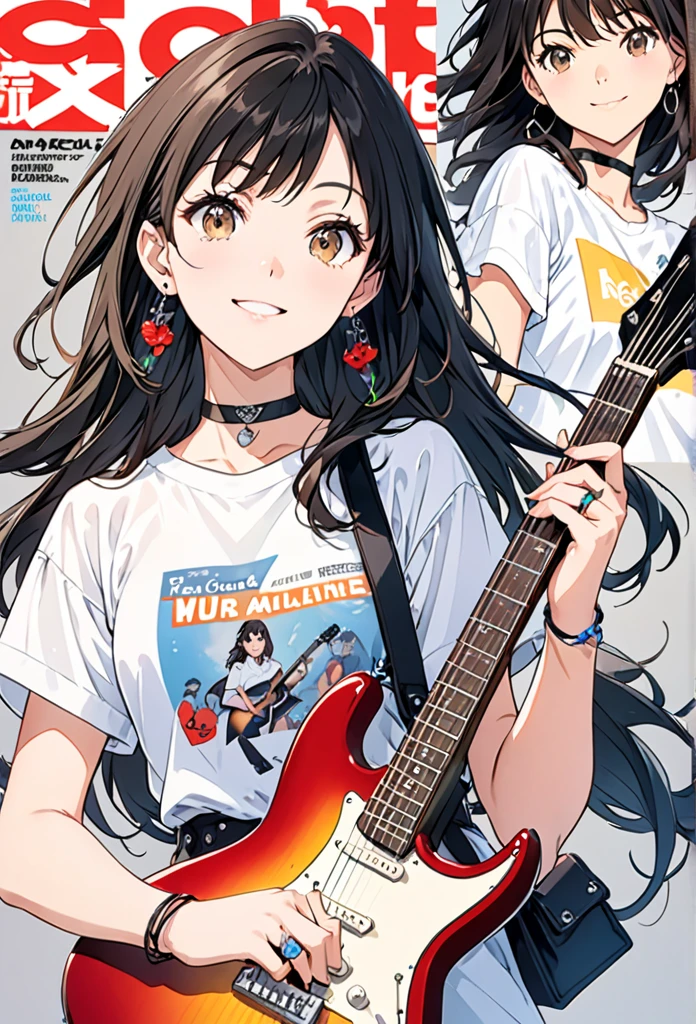 anime artwork magazine cover,magazine cover illustration,magazine cover illustration,1girl,guitar,instrument,reference inset,black hair,shirt,solo,jewelry,white shirt,electric guitar,holding,t-shirt,photo inset,simple background,ring,looking at viewer,choker,earrings,holding instrument,print shirt,short sleeves,long hair,grey background,white background,smile,black choker,brown eyes,. anime style, key visual, vibrant, studio anime,  highly detailed