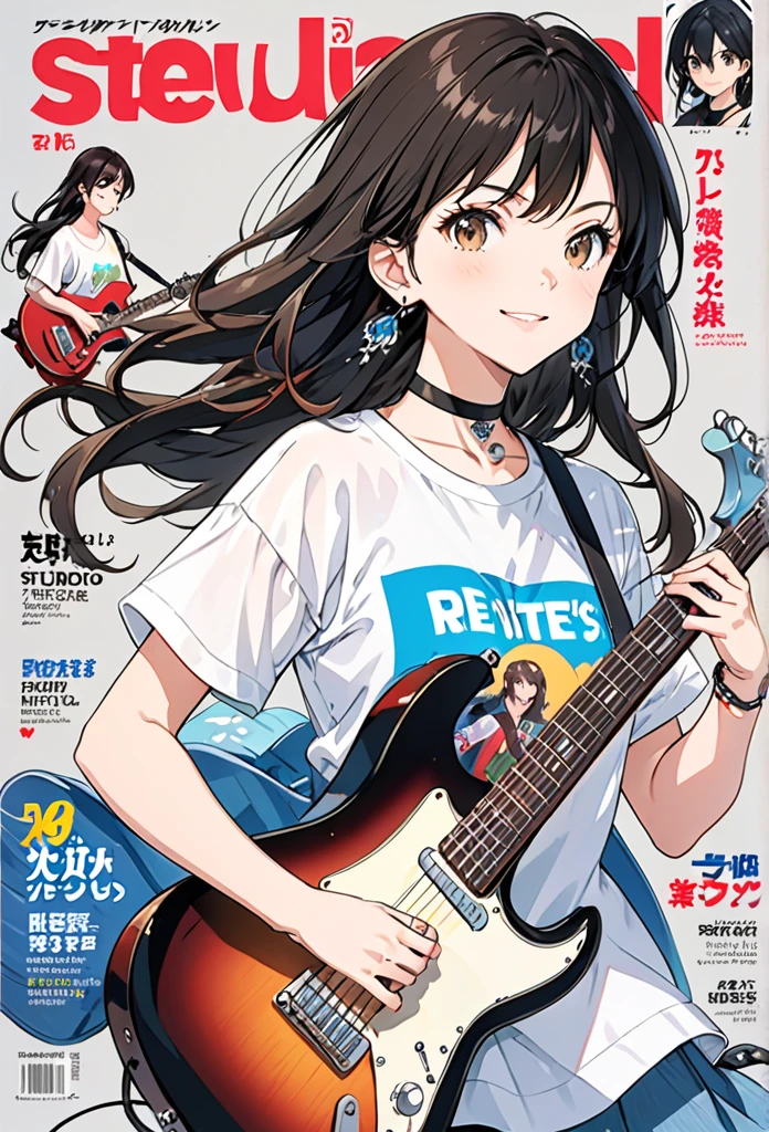 anime artwork magazine cover,magazine cover illustration,magazine cover illustration,1girl,guitar,instrument,reference inset,black hair,shirt,solo,jewelry,white shirt,electric guitar,holding,t-shirt,photo inset,simple background,ring,looking at viewer,choker,earrings,holding instrument,print shirt,short sleeves,long hair,grey background,white background,smile,black choker,brown eyes,. anime style, key visual, vibrant, studio anime, highly detailed