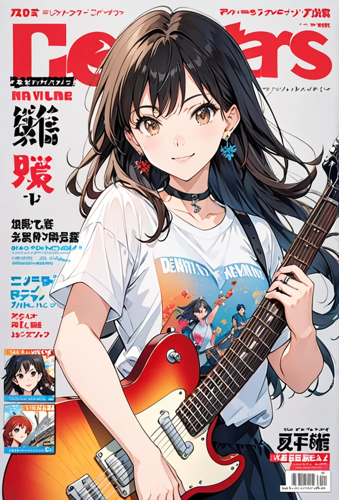 anime artwork magazine cover,magazine cover illustration,magazine cover illustration,1girl,guitar,instrument,reference inset,black hair,shirt,solo,jewelry,white shirt,electric guitar,holding,t-shirt,photo inset,simple background,ring,looking at viewer,choker,earrings,holding instrument,print shirt,short sleeves,long hair,grey background,white background,smile,black choker,brown eyes,. anime style, key visual, vibrant, studio anime, highly detailed