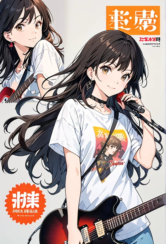 anime artwork magazine cover,magazine cover illustration,magazine cover illustration,1girl,guitar,instrument,reference inset,black hair,shirt,solo,jewelry,white shirt,electric guitar,holding,t-shirt,photo inset,simple background,ring,looking at viewer,choker,earrings,holding instrument,print shirt,short sleeves,long hair,grey background,white background,smile,black choker,brown eyes,. anime style, key visual, vibrant, studio anime,  highly detailed