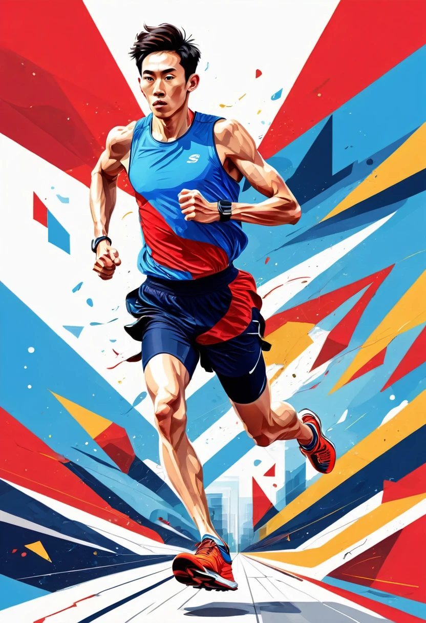 1 person, sock, sports shoes, Red shorts, Blue shirt,holding a torch，Olympic torch,geometry, Art, beautiful, rich and colorful, masterpiece, Top quality, best quality, official Art, beautiful and aesthetic, running, running track, track and field, bloom, track, Race, Asia, whole body.