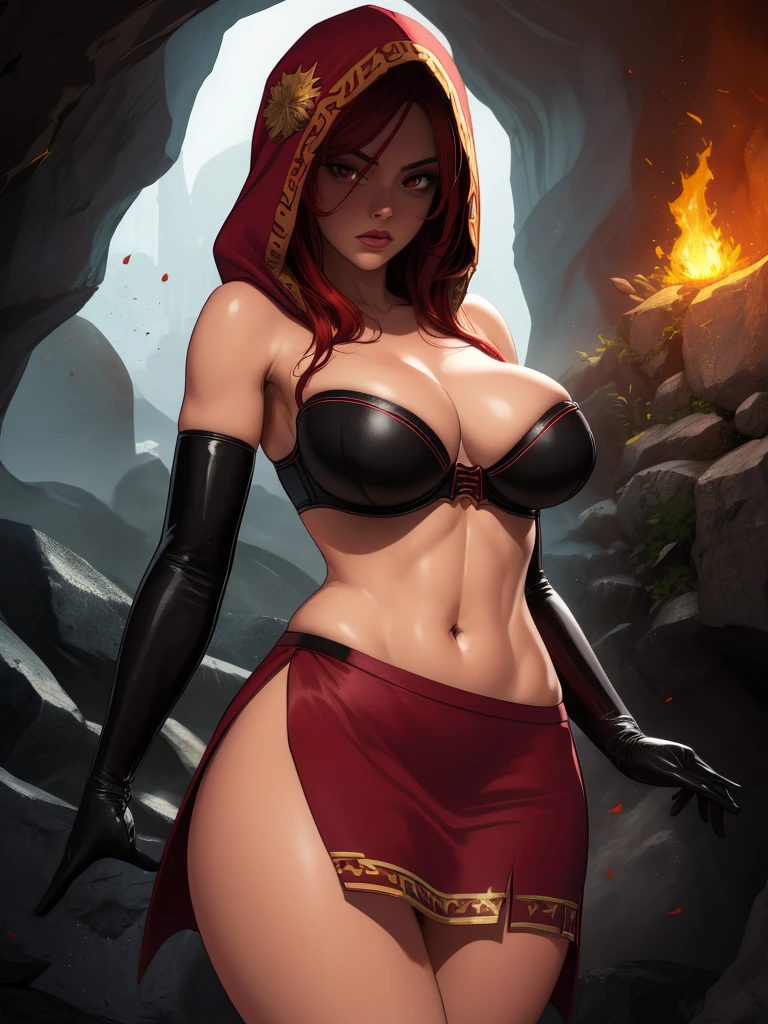 Dsorceress, redhair, shadowy face,dark cave, fire, hood, shadowed face, strapless bra, slim and athletic body, miniskirt, no panty, elbow gloves, dark skin, 1 girl (insanely detailed, masterpiece, best quality)