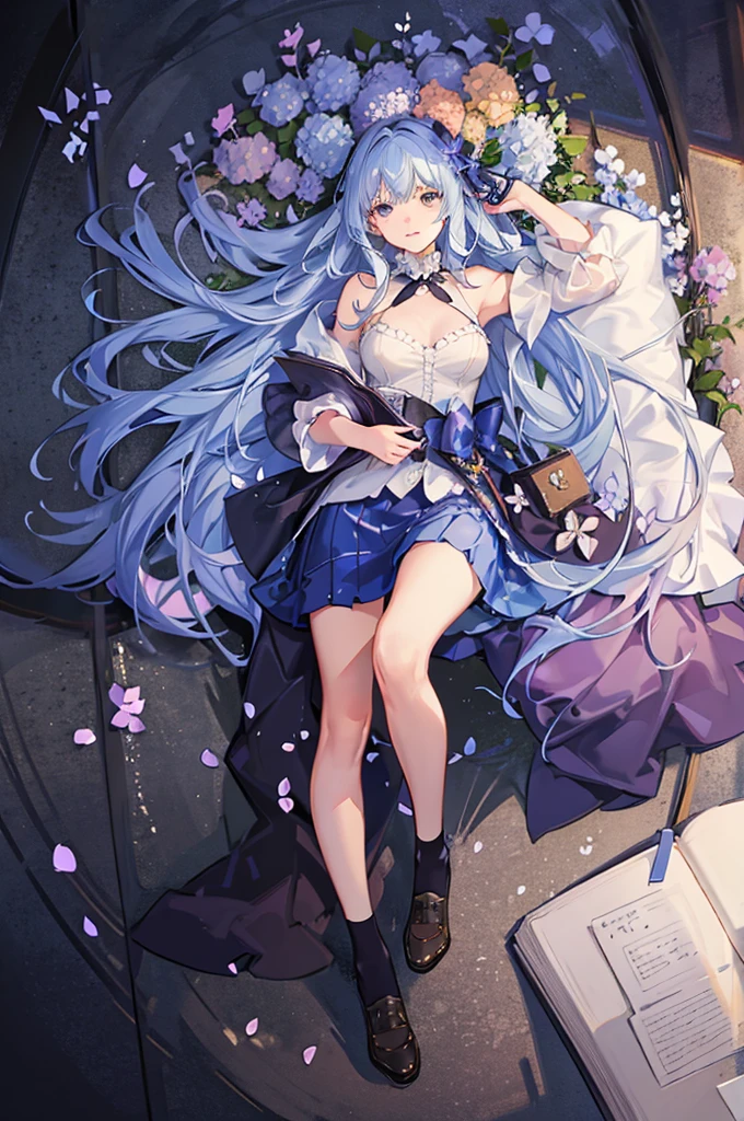 A girl with long blue hair, wearing a shirt and long skirt, holding a book, surrounded by falling hydrangea petals, the colors are magical and shimmering, the effect is magical and filling. remote, panoramic view from afar