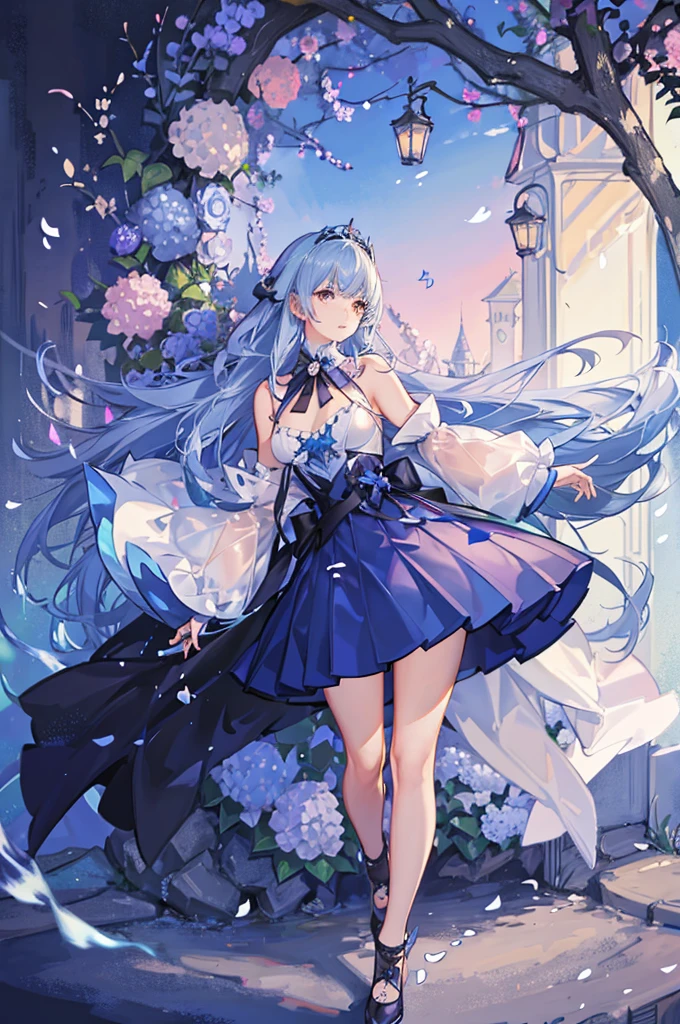 A girl with long blue hair, wearing a shirt and long skirt, holding a book, surrounded by falling hydrangea petals, the colors are magical and shimmering, the effect is magical and filling. remote, panoramic view from afar