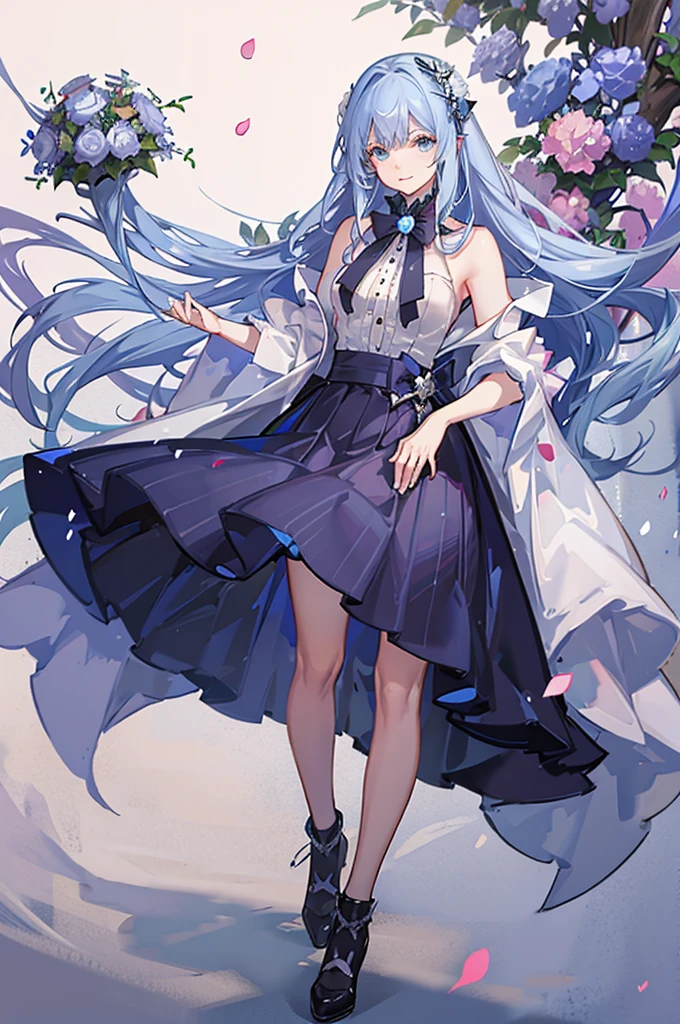 A girl with long blue hair, wearing a shirt and long skirt, holding a book, surrounded by falling hydrangea petals, the colors are magical and shimmering, the effect is magical and filling. remote, panoramic view from afar