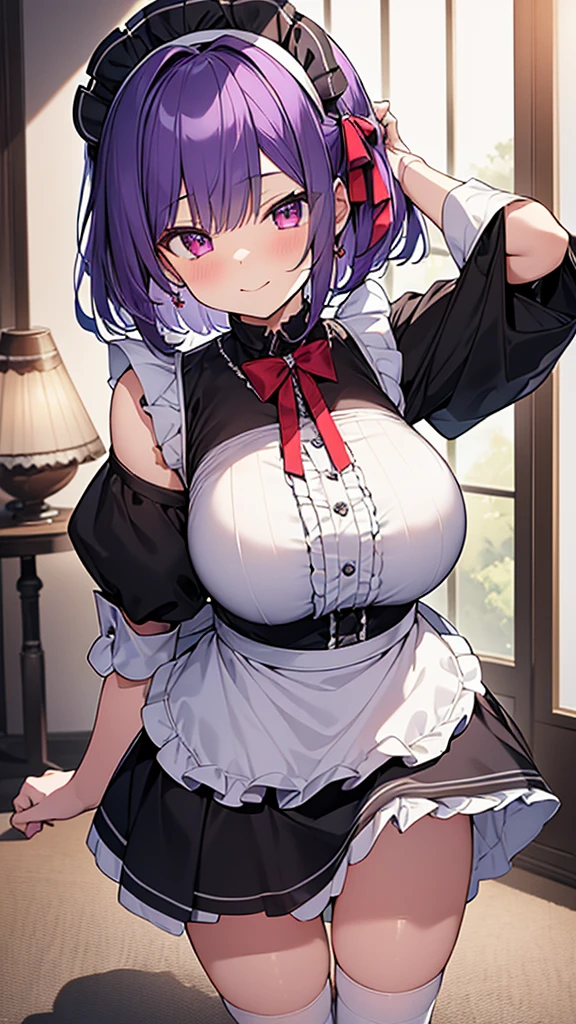 最high quality, high quality, Super detailed, 32k, Ultra-detailed details, {{The succubus maid has the face of my sister}}, (オンリー, Standing, pretty girl, beautiful purple hair, short hair, Beautiful RED eyes, mature, Big Breasts, A light smile, Off-the-shoulder sleeveless Summer cute maid outfit, Summer casual maid clothes, Short skirt, Blue and white color striped underwear, Black knee socks, loafers, She's holding 大きく up her skirt with both hands to show her underwear, 18-year-old,cute), A maid who moves her body vigorously without caring if her breasts bounce, Super detailed, indoor, maid Cafe, Full body image, ((Head to Toe:1.3)), NSFW