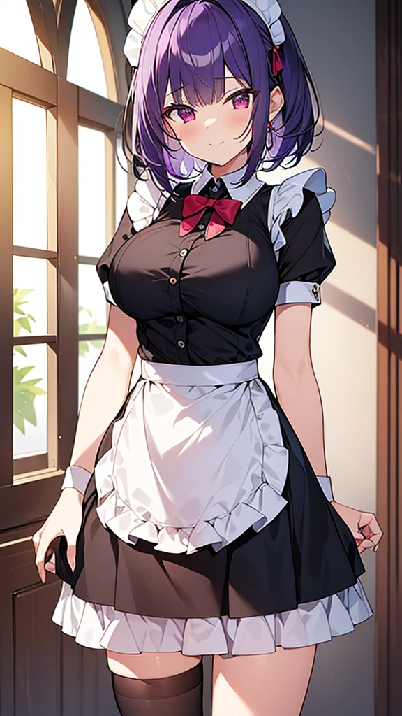 最high quality, high quality, Super detailed, 32k, Ultra-detailed details, {{The succubus maid has the face of my sister}}, (オンリー, Standing, pretty girl, beautiful purple hair, short hair, Beautiful RED eyes, mature, Big Breasts, A light smile, Off-the-shoulder sleeveless Summer cute maid outfit, Summer casual maid clothes, Short skirt, Blue and white color striped underwear, Black knee socks, loafers, She&#39;s holding 大きく up her skirt with both hands to show her underwear, 18-year-old,cute), A maid who moves her body vigorously without caring if her breasts bounce, Super detailed, indoor, maid Cafe, Full body image, ((Head to Toe:1.3)), NSFW